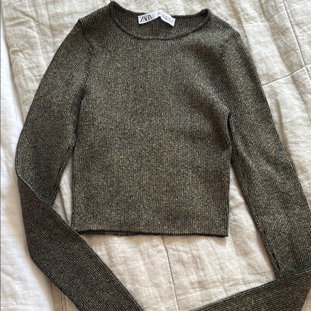 Zara Olive Metallic Crewneck Crop Sweater
